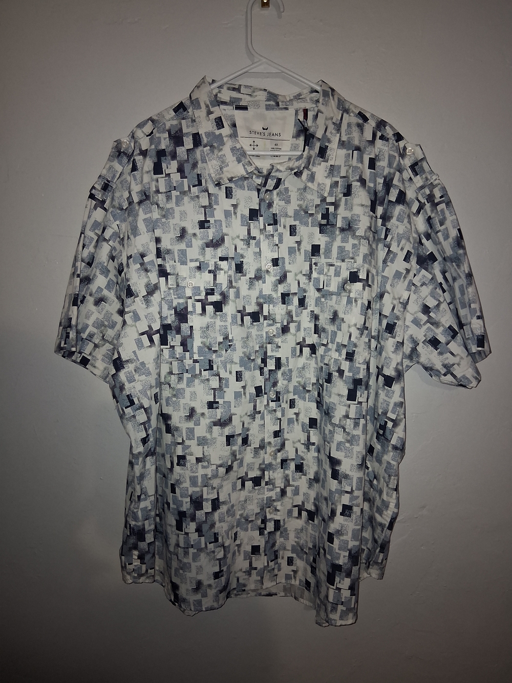 Short-Sleeve Geo Print Button-Down Shirt - White & Gray